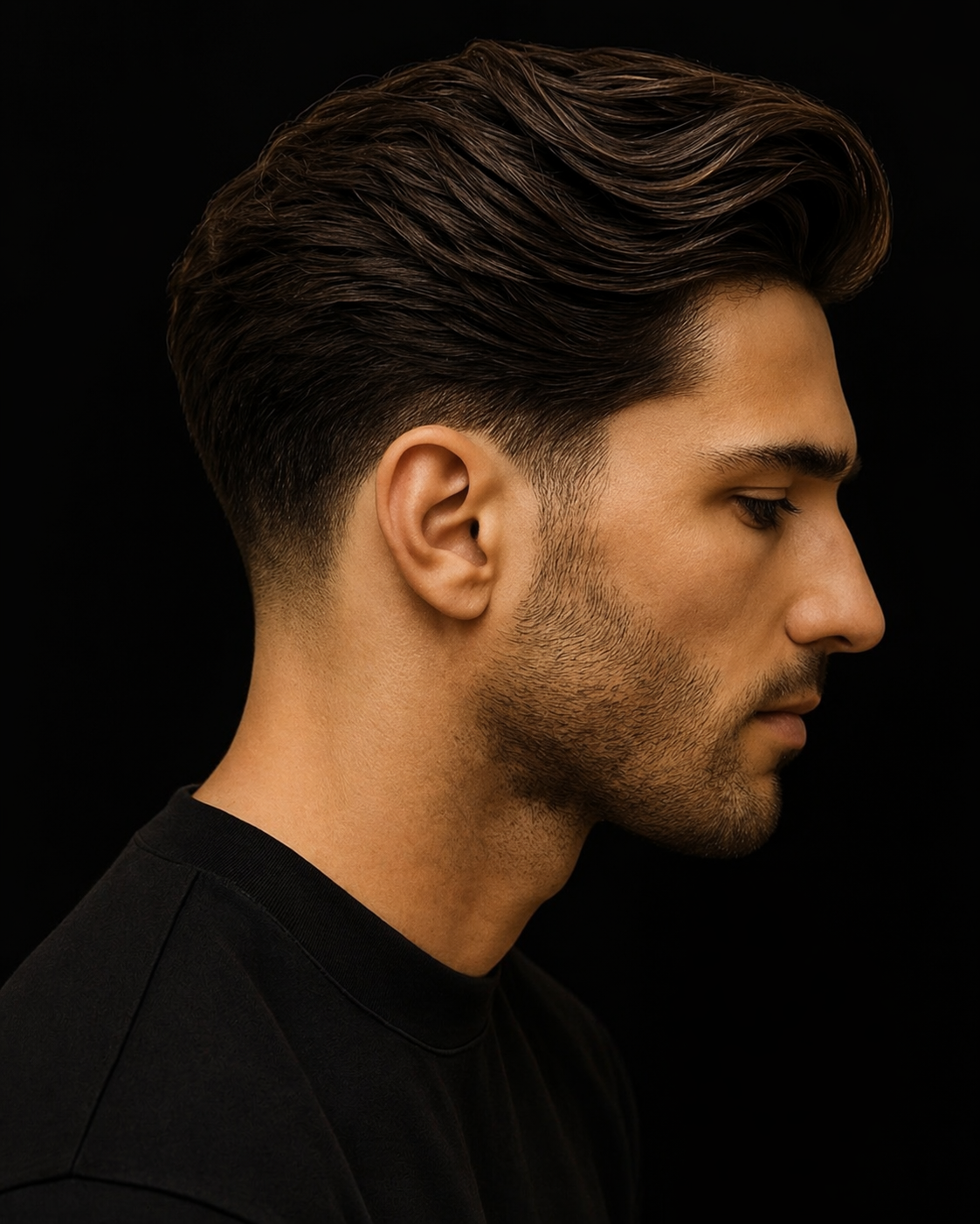 Textured pompadour with taper fade — Empire Barbershop Amsterdam