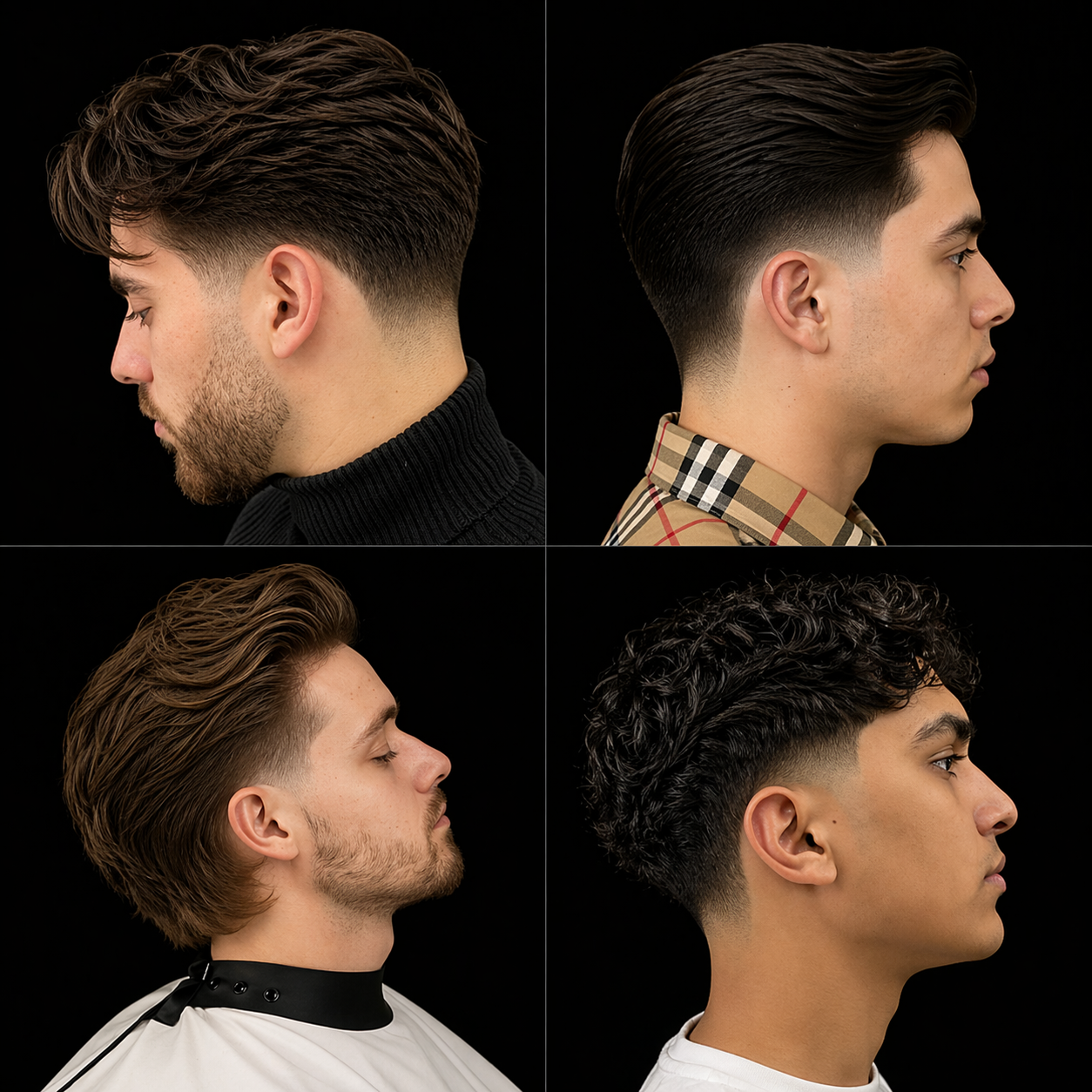 Four fade variations — drop fade, low taper, textured top and curly low fade